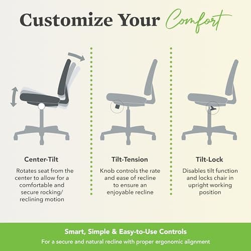 HON Volt Armless Office Chairs with Wheels, Ergonomic Adjustable Center-Tilt Recline, Fabric Back and Seat, Swivel Desk Chair, Black 6