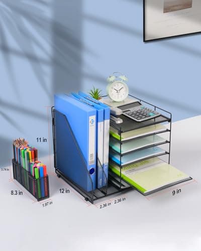 File Organizer for Desk, 6 Tier Desk Organizer Paper Tray with File Holder Pen Holder, Mesh Office Desk Accessories & Workspace Organizers (Black) 6
