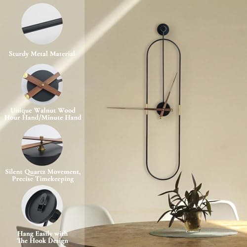 DRELIFAM Modern Oval Wall Clock Large Wall Clock with Walnut Pointers for Living Room Home Decor Bedroom Kitchen Office (Oval Black, Large) 5