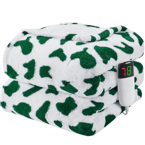 Green Electric Heated Throw, 62x84 Twin Rabbit Faux Fur Cow Print Heating Blanket with 10 Levels, Soft Cozy Sherpa Blanket Warmer, Cow Pattern Plush Fluffy Warming Gift for Couch