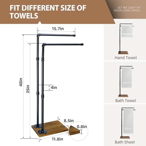 Hjarta 40 Inch Free Standing Towel Racks for Bathroom, Black Towel Holders with Wooden Base, 2-Tier Freestanding Towel Holder Stand for Bath Towel Sheet 5