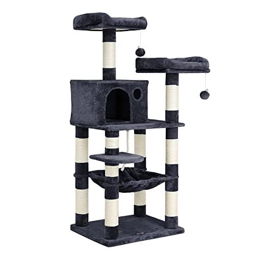 Feandrea Cat Tree, 56.3-Inch Cat Tower, Multi-Level Plush Condo with 11 Scratching Posts, 2 Perches, Hammock, Cave, Smoky Gray UPCT15GYZ