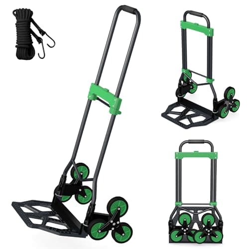 Heavy-Duty 330LB Capacity Hand Truck with Stair-Climbing Wheels & One-Touch Retractable Handle - Q235 Steel Collapsible Dolly Cart, 4.2-Inch Triple Wheels, Elastic Strap & Sponge Grip (Green)