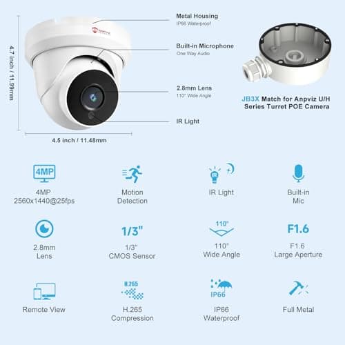 Anpviz 4MP PoE IP Turret Camera with Microphone/Audio, IP Security Camera Outdoor Indoor, Night Vision 50ft, Waterproof IP66, 110° Wide Angle 2.8mm Lens, 24/7 Recording, NDAA Compliant (U Series) 8