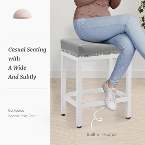 DUMOS Saddle Bar Stools Set of 4, 24 Inch Counter Height Stools with Curved PU Leather Surface, 3.7" Thick Upholstery Bar Height Stools with Footrest for Kitchen Island, Dining, Cafe, Gray 7