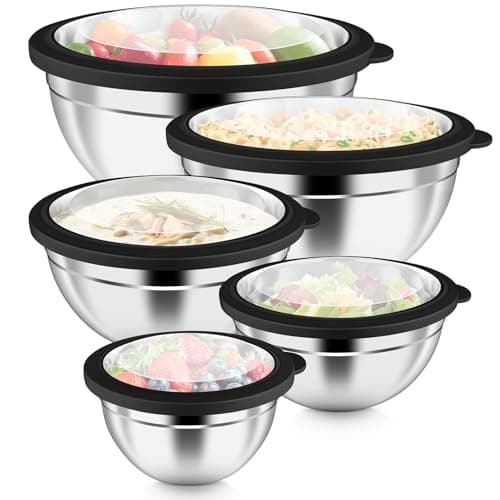 P&P CHEF Mixing Bowls with Visible Airtight Lids Set of 5, 10-Piece Stainless Steel Mixing Nesting Bowl, Metal Bowl with Lid for Kitchen Prepping & Storing, Size 4.6, 3, 1.5, 1, 0.7 QT, Black