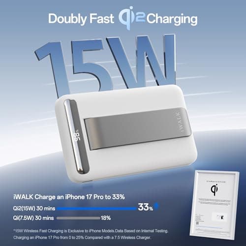 iWALK Qi2 Certified 15W Magnetic Wireless Power Bank, 10000mAh Portable Charger with Adjustable Stand & LED Display, Fast Charging for iPhone 16/15/14/13/12 Pro/Pro Max/Plus/Mini 2