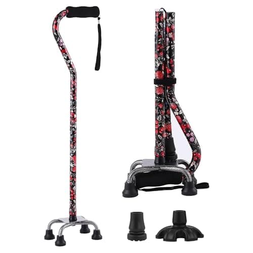 Floral Quad Cane for Women, Adjustable Walking Canes with 3-in-1 Interchangeable Base(3 Tips) for Versatile Support, Stylish & Stable Mobility Aid for Seniors Confidence