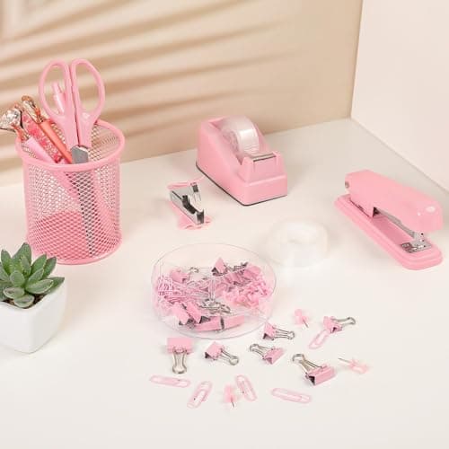 SKYDUE Pink Office Desk Accessories, Pink Office Supplies, Stapler, Tape Dispenser, Scissors, Clips and 1000pcs Staples,Office Supplies for Desk for Women 9