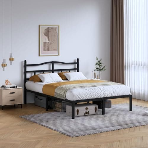 SHOANED 14 Inch Metal Bed Frame - Queen Size Heavy Duty Bedframe with Headboard Black Basic Steel Slats Platform No Box Spring Needed/Easy Assembly/Noise Free