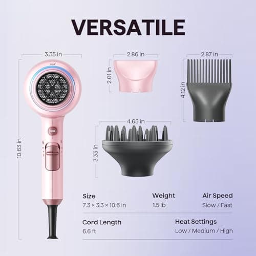 Wavytalk Hair Dryer with Diffuser, Blown Away Ionic Blow Dryer for Curly Hair with Comb, 1875W Fast Drying Hair Dryer with Ceramic Technology, 3 Attachments for All Hair Types, Light and Quiet, Pink 6