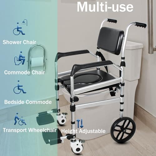NexusSmash Folding Bedside Commode with Wheels, Padded Shower Chair with Bucket, Rolling Shower Commode Chairs with Soft Backrest, Bedside Commodes for Senior & Handicap 7