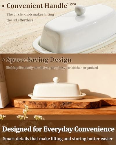 Yedio Ceramic Butter Dish with Lid and Knife for Countertop Refrigerator, 8 Inch White Butter Holder with Porcelain Cover Knob Handle for East West Coast Butter Stick 7