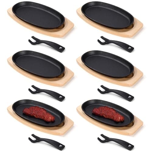 6 Pieces Oval Cast Iron Fajita Skillet Pan Set Small Sizzling Steak Plate with Wooden Base and Handle Cast Iron Fajita Skillet Sizzling Plate for Home Valentine's Day(9.5 in x 5.5 in, Natural Wood)