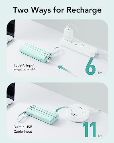 VRURC Portable Charger 20000mAh, Built-in Cables Fast Charging Power Bank, PD QC 3.0 Travel Essentials Battery Pack, 4 Output & 2 Input Phone Charger for iPhone16 15 14 13 X, Samsung, Android-Green 6