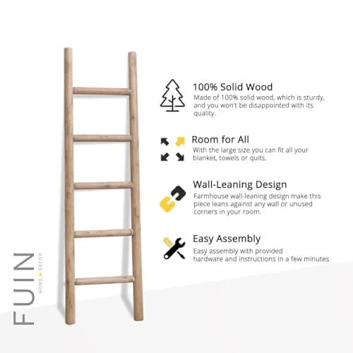 FUIN 57in Wood Blanket Ladder Living Room Decorative Wall Leaning Farmhouse Quilt Display Holder Rustic Wooden Towel Rack for Bathroom, Brown 7