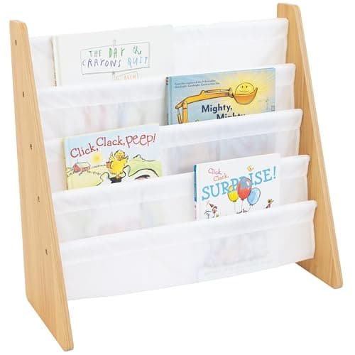 Humble Crew 4-Tier Kids Bookshelf, Natural Wood/White - Premium Book Shelf for Kids Rooms with Four Deep Pockets - Toddler Sling Book Rack with Deep Sleeves, Nursery Bookcase Organizer