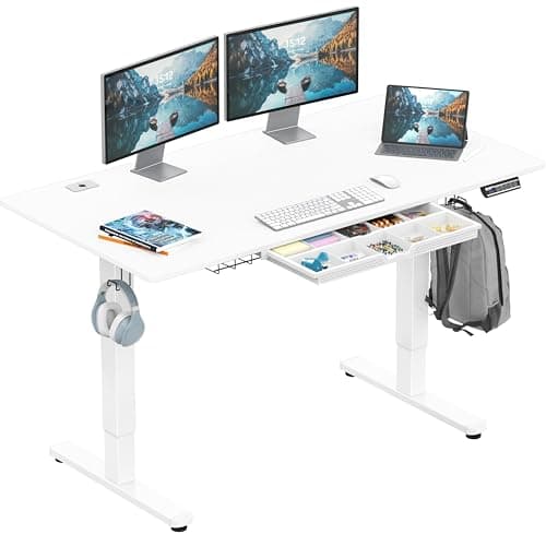SHW 55 x 28 Inches Electric Height Adjustable Standing Desk with Drawer and Memory Preset, White