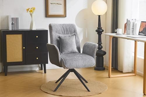 VINGLI Grey Office Desk Chair No Wheels,Comfy Modern Swivel Sewing Dining Vanity Chair with Back&Lumbar Pillow&Padded Arm,Computer Task Nail Tech Chair for Home,Makeup,Bedroom,Living Room,Chenille