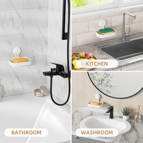 LEVERLOC Soap Dish Holder for Shower Suction Cup Wall Mounted Self Draining NO-Drilling Removable Bar Soap Sponge Holder for Bathroom Bathtub Kitchen Sink Waterproof Strong Vacuum Suction Adhesion 8
