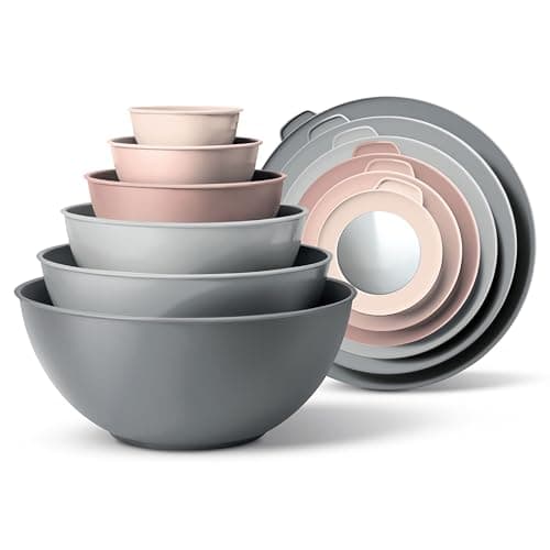 COOK WITH COLOR Mixing Bowls with TPR Lids - 12 Piece Plastic Nesting Bowls Set includes 6 Prep Bowls and 6 Lids, Microwave Safe Mixing Bowl Set (Pink Ombre)