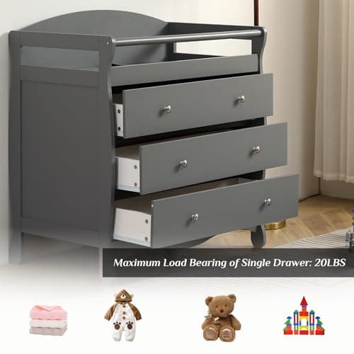Karl home Changing Table Dresser Baby Diaper Changing Station Infant Nursing Table with 3 Drawers, Safety Rail & Strap for Bedroom, Nursery, Gray 6