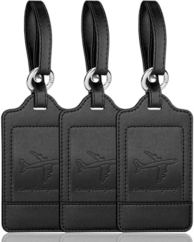 3 Pack Luggage Tags - Quick Install, Privacy Protection, Airplane Travel Essentials for Suitcases, Durable Leather - Black