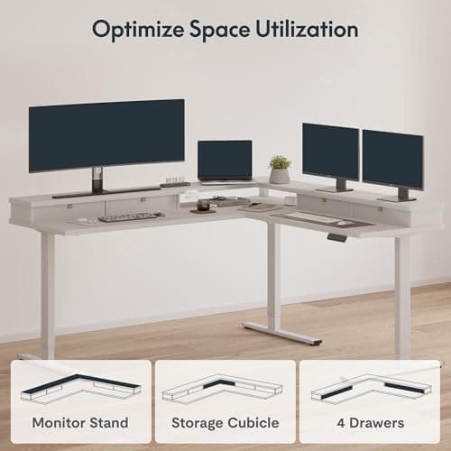 SANODESK 71" L Shaped Standing Desk with 4 Drawers, Height Adjustable Stand up Desk, Corner Gaming Desk with Monitor Stand, White Frame/White Top 8