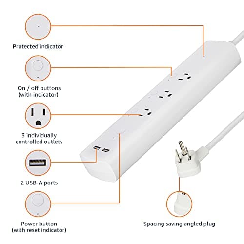 Amazon Basics Smart Plug Power Strip with 3 Individually Controlled Outlets and 2 USB-A Ports, Works with Alexa Only, 2.4 GHz Wi-Fi, No Hub Required, White 3