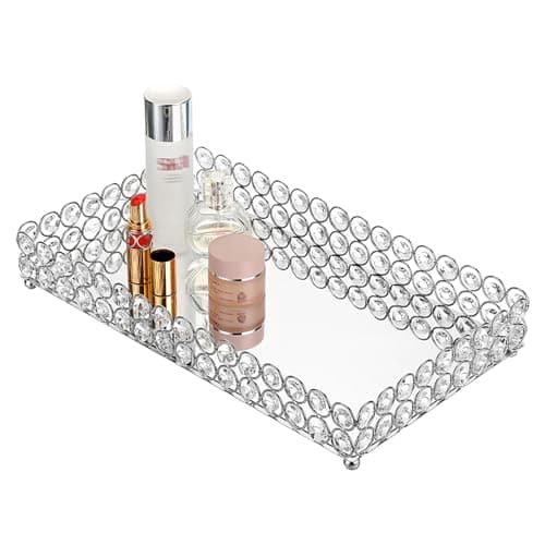 Hipiwe Crystal Cosmetic Vanity Tray, Mirrored Decorative Jewelry Organizer Tray for Perfume, Trinket, Makeup Display Dresser Home Decor (Large, Silver) 9