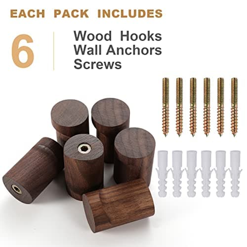 bsdonte Wood Wall Hooks 6 Pack, Natural Wooden Coat Hooks Wall Mounted, Handmade Rustic Hat Hooks Heavy Duty Entryway Wall Hangers for Hanging Towels, Clothes, Bags (Black Walnut Wood) 6