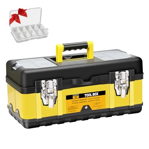 POWSTR 16 Inch Tool Box with Tray,Small Stainless Steel Toolbox with Metal lock & Removable Tray & Non-slip Handle,Portable Plastic Tool Boxes Organizer with Dividers for Workers and Home,Workshop
