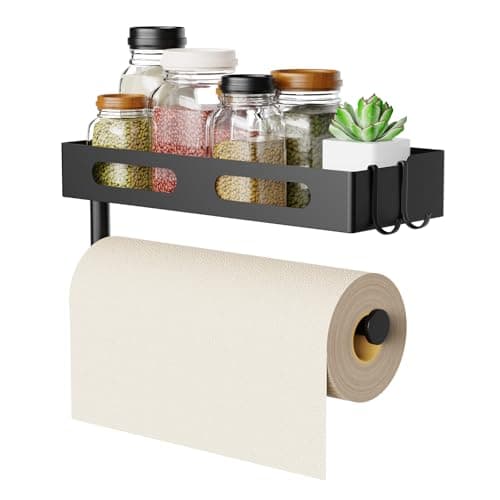 Paper Towel Holder Wall Mount for Kitchen, Paper Towel Holder with Shelf for Bathroom, RV Paper Towel Rack, Spice Rack with 2 Hooks,Matte Black