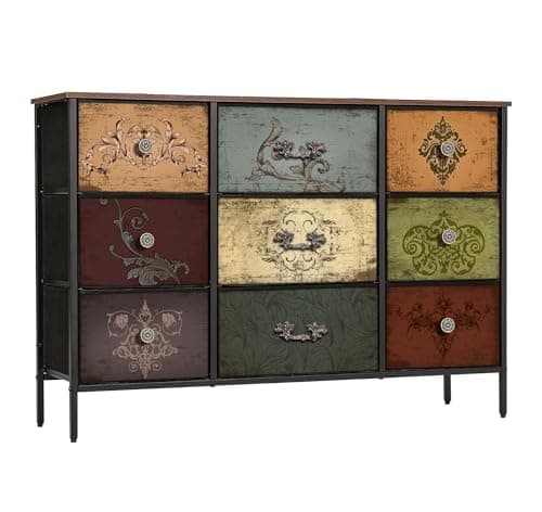 VASICAR Dresser for Bedroom with 9 Deep Fabric Drawers, Wide TV Stand Storage Cabinet, Colorful Chest of Drawers for Closet, Nursery, Entryway, Hallway
