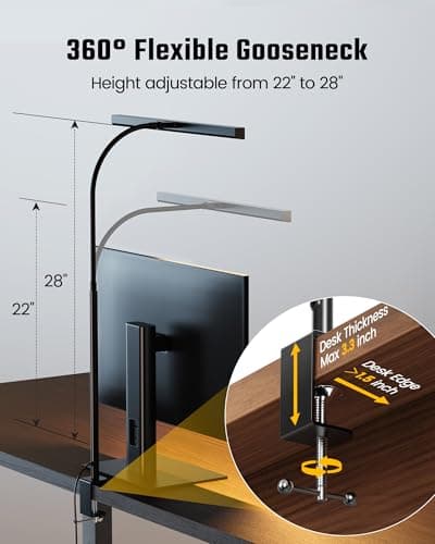 SUPERDANNY LED Desk Lamp for Office Home, Eye-Caring Desk Light with Adjustable Gooseneck, 12W Touch Control Dimmable Brightness, Architect Clamp Lamp with USB Adapter for Reading Study Workbench 6