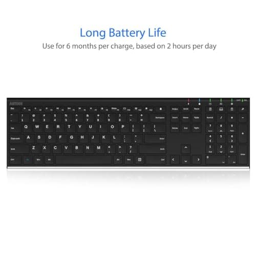Arteck 2.4G Wireless Keyboard Stainless Steel Ultra Slim Full Size Keyboard with Numeric Keypad for Computer/Desktop/PC/Laptop/Surface/Smart TV and Windows 10/8/ 7 Built in Rechargeable Battery 5