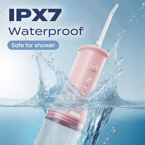 7AM2M Portable Water Flosser Cordless, Water Flosser with 3 Modes and 2 Jet Tips, USB C Rechargeable, IPX7 Waterproof, Dental Water Flosser for Travel and Home Use (Pink) 5