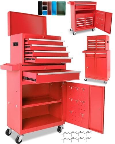 EliteEdge 5-Drawer Rolling Tool Chest, 2-in-1 Steel Tool Storage Chest with Locking Wheels & Anti-Slip Trays, Detachable Toolbox, Adjustable Shelves for Garage,Workshop,Home, Red