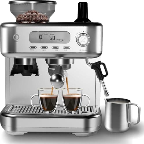 Garvee Espresso Machine Built-In Grinder, High Power Milk Frother, Digital LCD, Stainless Steel (Single/Double Brew)