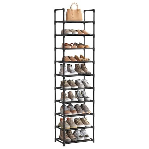 SONGMICS Shoe Rack, 10-Tier Shoe Shelf, Shoe Storage Organizer, 11 x 17.7 x 68 Inches, Metal Frame, Non-Woven Fabric Shelves, for Entryway, Bedroom, Black ULSH010B02