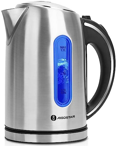 Aigostar King - Electric Kettle Stainless Steel, 1.7 Liter Cordless Tea Kettle, 1100W Hot Water Kettle with Auto Shut-Off, BPA-Free