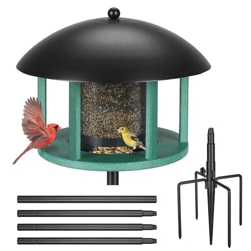 Kingsyard Large Platform Bird Feeder for Outside, Pole Mounted Bird Feeders with Removable Metal Mesh Tube & Weather Protective Dome, 4 lbs Seed Capacity, Green