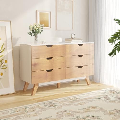 EazeHome Dresser for Bedroom, 6 Drawer Rustic Brown Modern Wide Chest of Drawers, Large Wooden Storage Organizer for Living Room, Hallway, Entryway