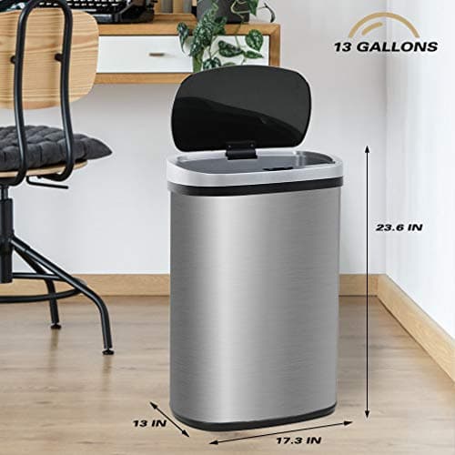 FDW Garbage Can 13 Gallon 50 Liter Kitchen Trash Can for Bathroom Bedroom Home Office Automatic Touch Free High-Capacity with Lid Brushed Stainless Steel Waste Bin 8