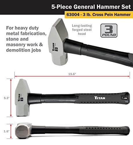 Titan 63125 5-Piece Hammer Set, Includes 16oz & 32oz Ball Pein, 32oz Rubber Mallet, 3lb Sledgehammer, & 3lb Cross Pein, Shock Absorbing Fiberglass Handles with Textured Grips 5