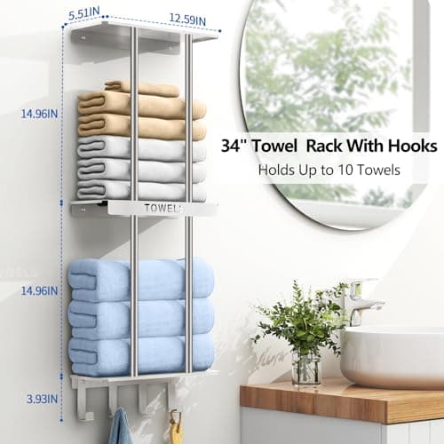 Bathroom Towel Storage, Towel Racks for Bathroom with 3-Tier Shelf & 4 Hooks, Towel Holder for Bathroom Wall for Rolled Bath Towels, Brushed Nickel 5
