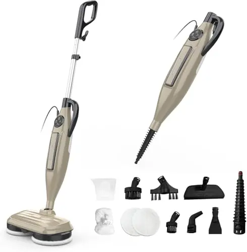 DEVOAC VM6 Scrubbing Steam Mop with Rotating Mop Pads, 10 in 1 Steam Mop, Lightweight Spin Mop & 3 Steam Modes for Hard Floor Laminate Marble Floors (Khaki)