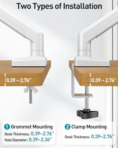 Single Monitor Arm Desk Mount Fits 13 to 32 inch Computer Screens, Holds 4.4 to 22lbs Display VESA Mount, Adjustable Monitor Stand with Clamp/Grommet Mounting Base, 75/100mm Bracket, White, Freelift 6