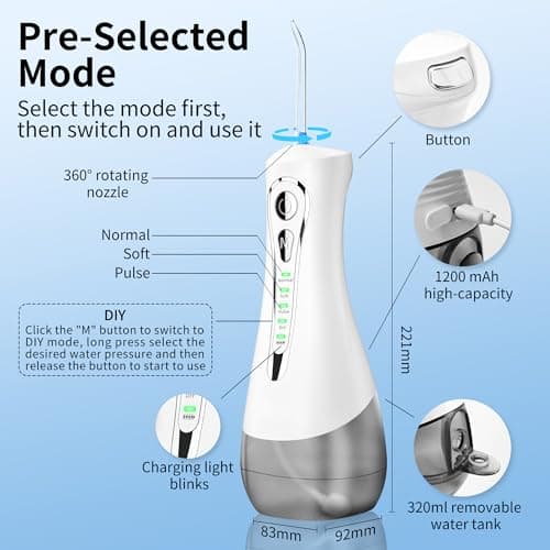 Qinzcp Water Dental Flosser Pick for Teeth, Cordless Rechargeable Oral Irrigator with 320ML Large Capacity Removable Water Tank, 4 Modes Portable Water Flosser Including DIY Mode, IPX7 Waterproof 7