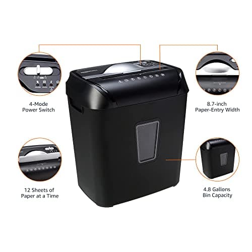 Amazon Basics 12 Sheet Cross Cut Paper and Credit Card Home Office Shredder with 4.8 Gallon Bin, Black 5